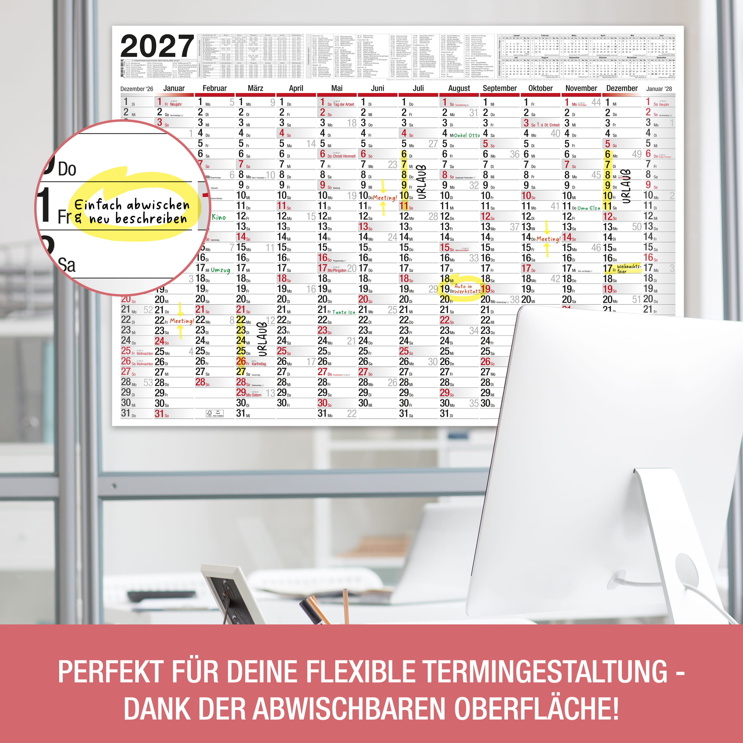 XXL Wandkalender 2026 1x Kalender abwischbar + 1 Stift
